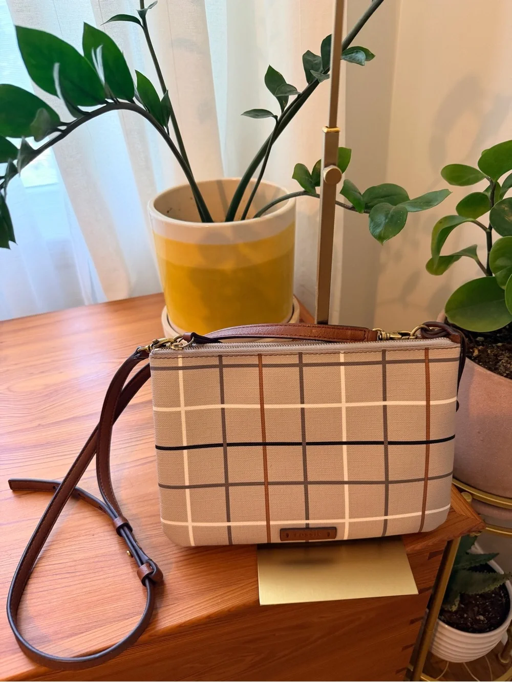 Fossil Devon Greige and Brown Plaid Crossbody Bag with Key Charm